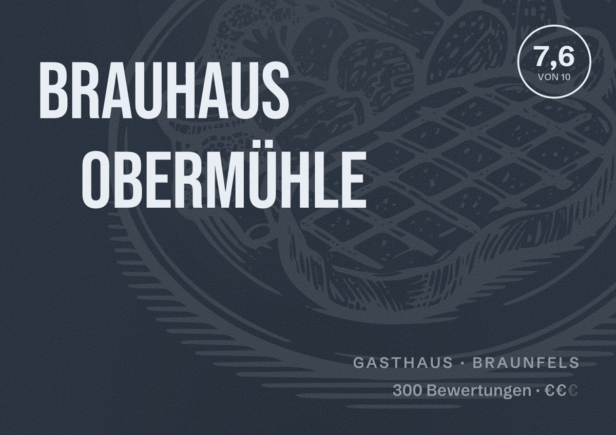 Illustriertes Poster von Brauhaus Obermühle, Gasthaus in Braunfels: Bewertung 7,6 von 10 aus 300 Bewertungen, Preisniveau €€
