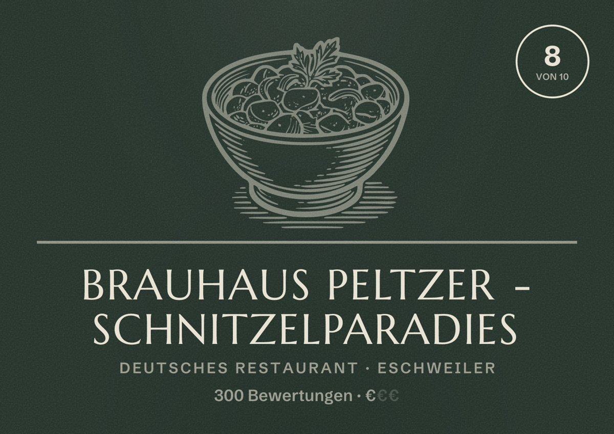 Illustriertes Poster von Brauhaus Peltzer - Schnitzelparadies, Deutsches Restaurant in Eschweiler: Bewertung 8 von 10 aus 300 Bewertungen, Preisniveau €