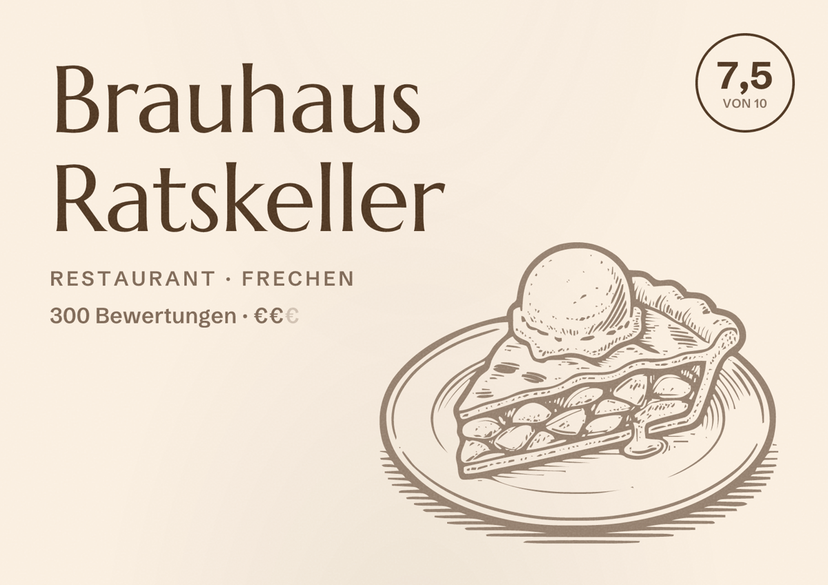 Illustriertes Poster von Brauhaus Ratskeller, Restaurant in Frechen: Bewertung 7,5 von 10 aus 300 Bewertungen, Preisniveau €€