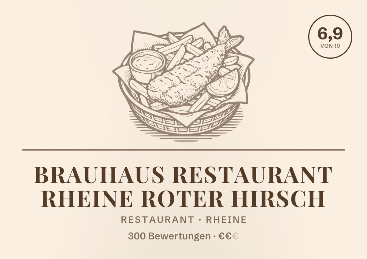 Illustriertes Poster von Brauhaus Restaurant Rheine roter hirsch, Restaurant in Rheine: Bewertung 6,9 von 10 aus 300 Bewertungen, Preisniveau €€