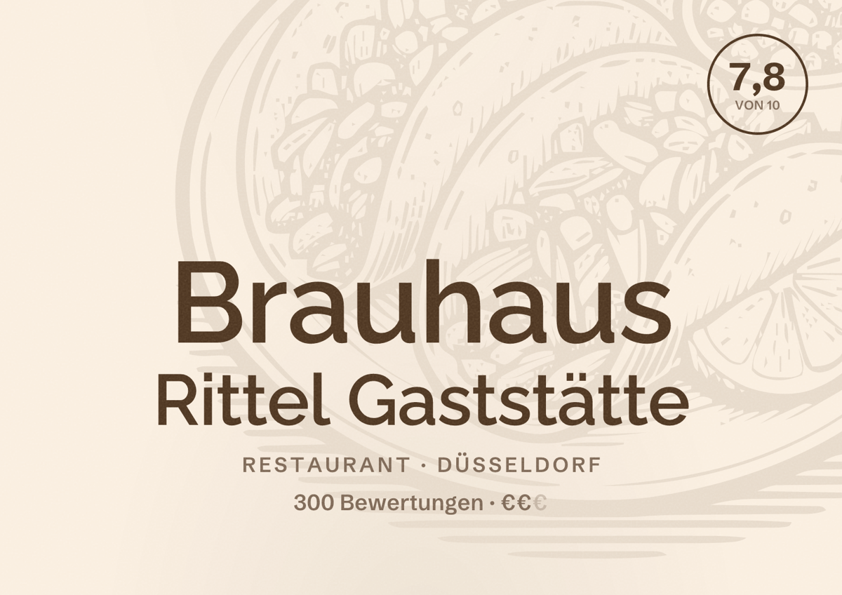 Illustriertes Poster von Brauhaus Rittel Gaststätte, Restaurant in Düsseldorf: Bewertung 7,8 von 10 aus 300 Bewertungen, Preisniveau €€