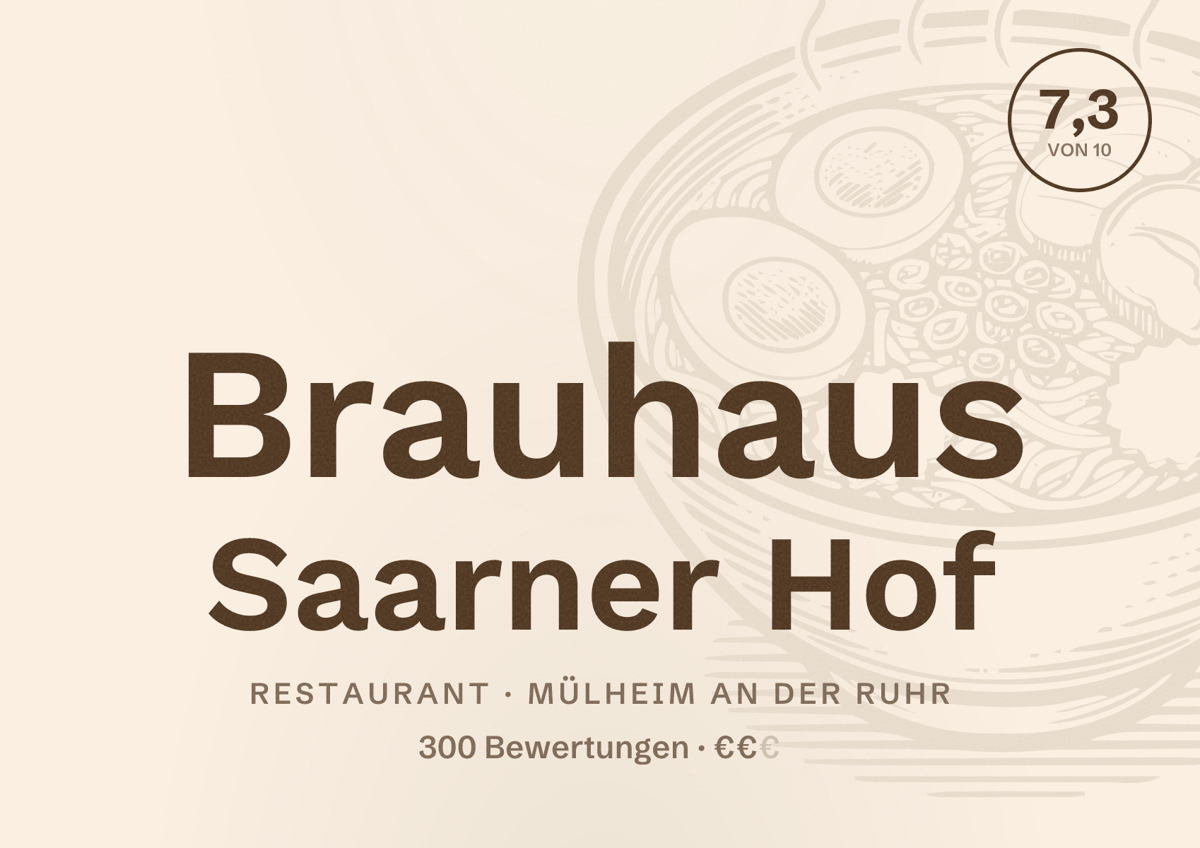 Illustriertes Poster von Brauhaus Saarner Hof, Restaurant in Mülheim an der Ruhr: Bewertung 7,3 von 10 aus 300 Bewertungen, Preisniveau €€