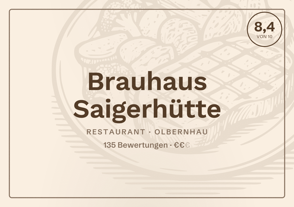 Illustriertes Poster von Brauhaus Saigerhütte, Restaurant in Olbernhau: Bewertung 8,4 von 10 aus 135 Bewertungen, Preisniveau €€