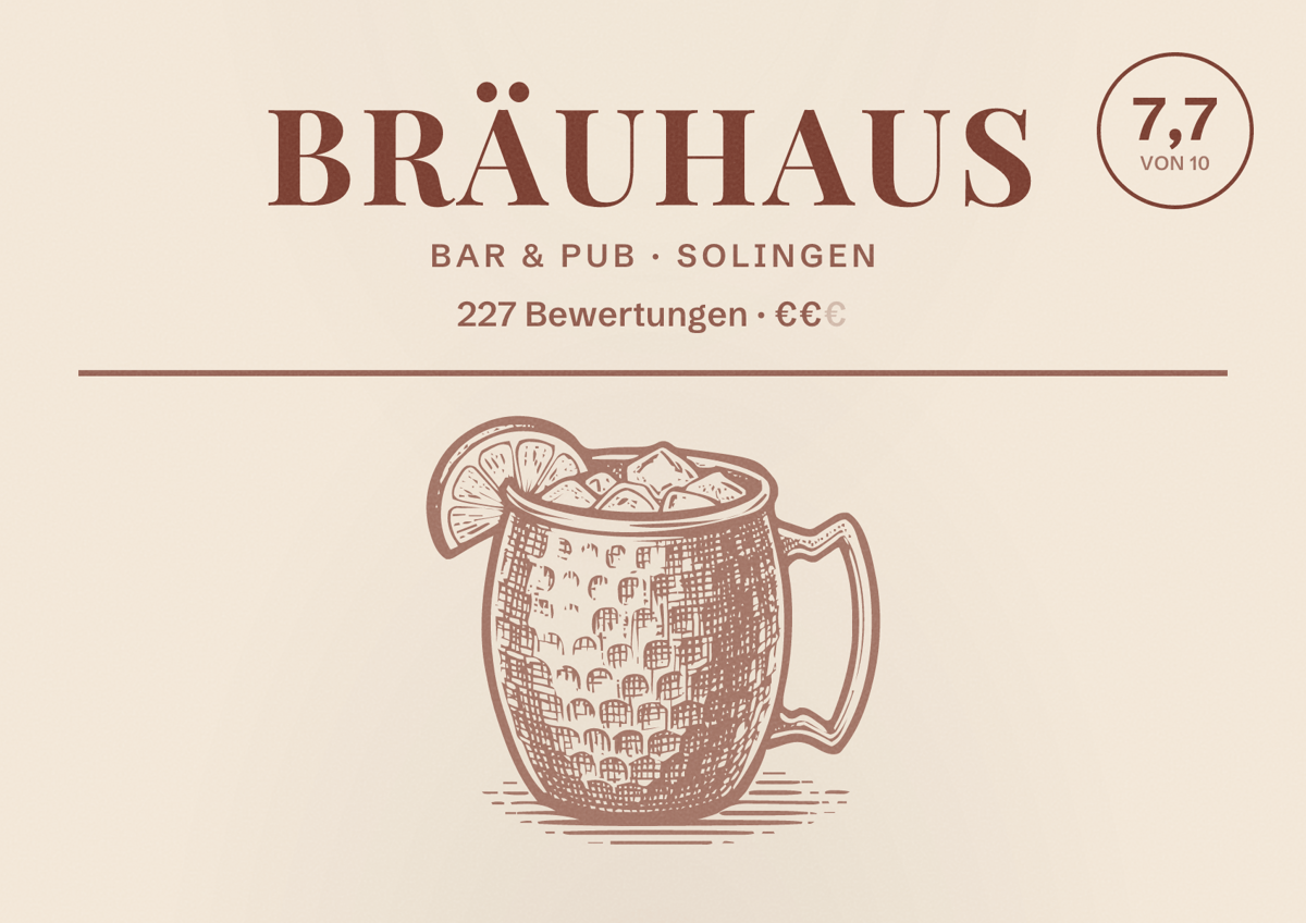 Illustriertes Poster von Bräuhaus, Bar & Pub in Solingen: Bewertung 7,7 von 10 aus 227 Bewertungen, Preisniveau €€