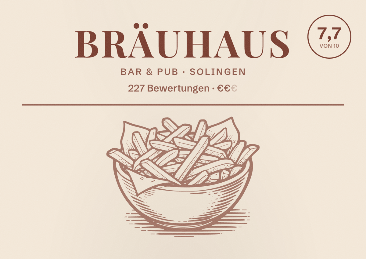 Illustriertes Poster von Bräuhaus, Bar & Pub in Solingen: Bewertung 7,7 von 10 aus 227 Bewertungen, Preisniveau €€