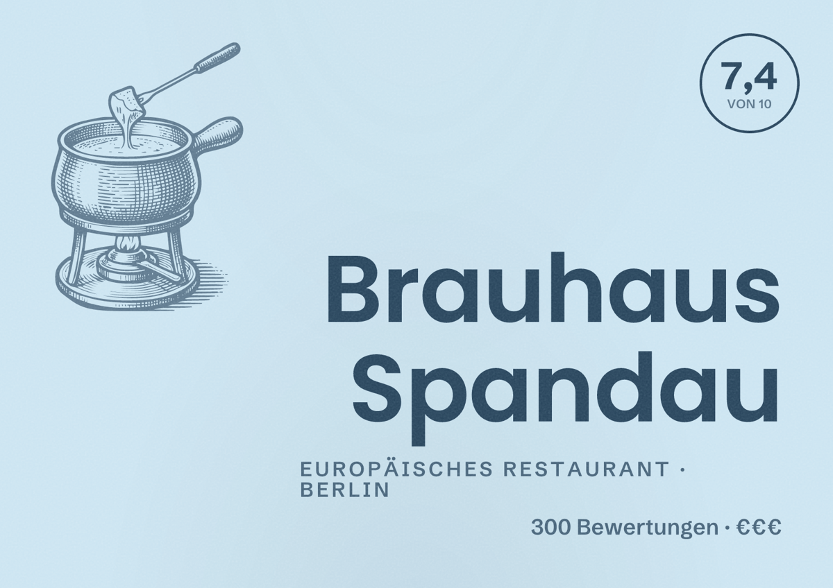 Illustriertes Poster von Brauhaus Spandau, Europäisches Restaurant in Berlin: Bewertung 7,4 von 10 aus 300 Bewertungen, Preisniveau €€€