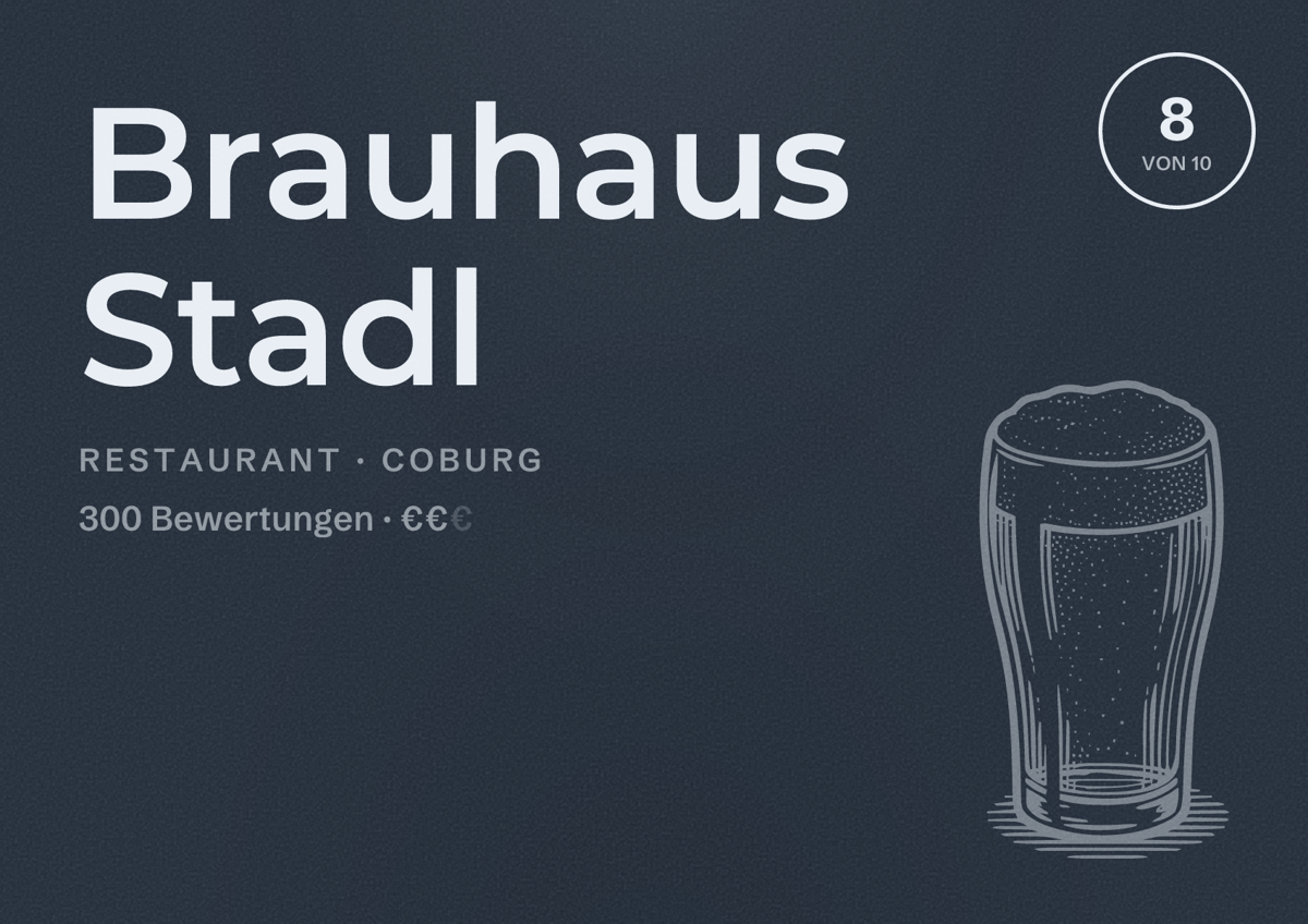 Illustriertes Poster von Brauhaus Stadl, Restaurant in Coburg: Bewertung 8 von 10 aus 300 Bewertungen, Preisniveau €€