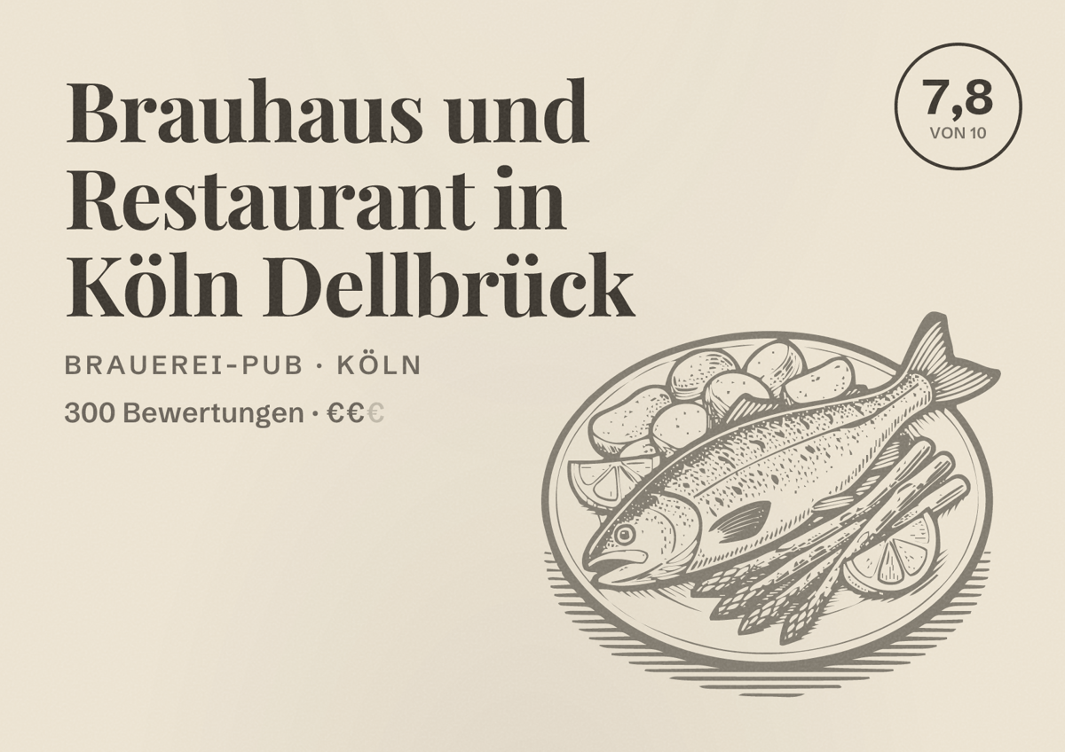Illustriertes Poster von Brauhaus und Restaurant in Köln Dellbrück, Brauerei-Pub in Köln: Bewertung 7,8 von 10 aus 300 Bewertungen, Preisniveau €€