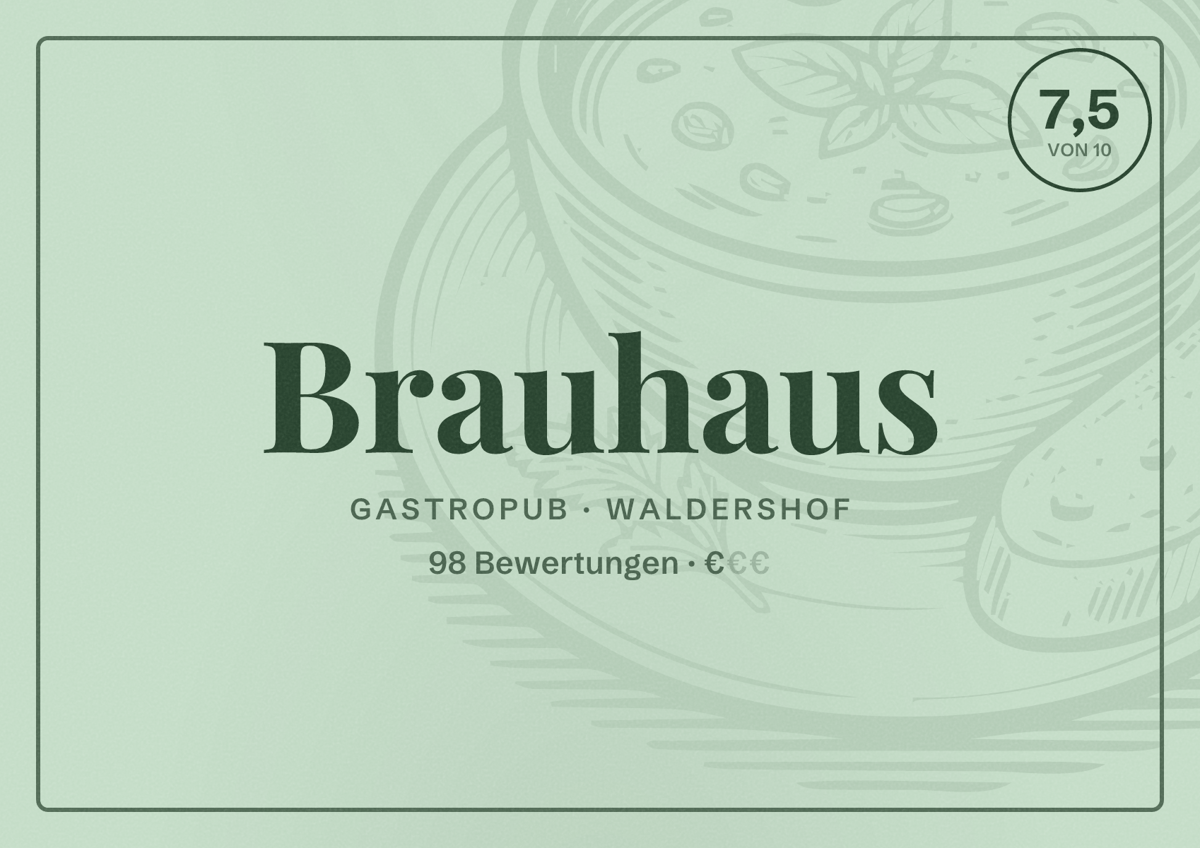 Illustriertes Poster von Brauhaus, Gastropub in Waldershof: Bewertung 7,5 von 10 aus 98 Bewertungen, Preisniveau €