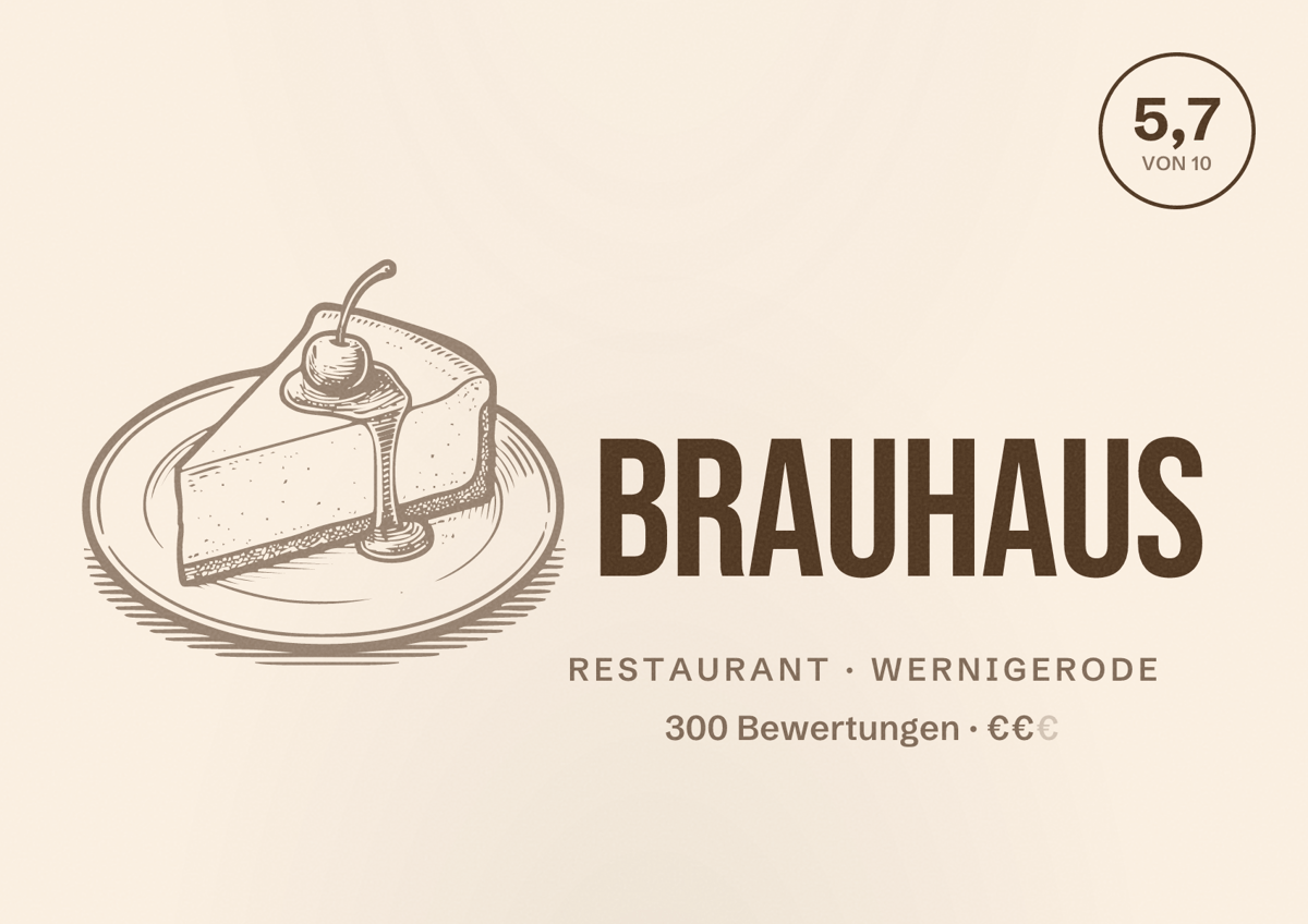 Illustriertes Poster von Brauhaus, Restaurant in Wernigerode: Bewertung 5,7 von 10 aus 300 Bewertungen, Preisniveau €€