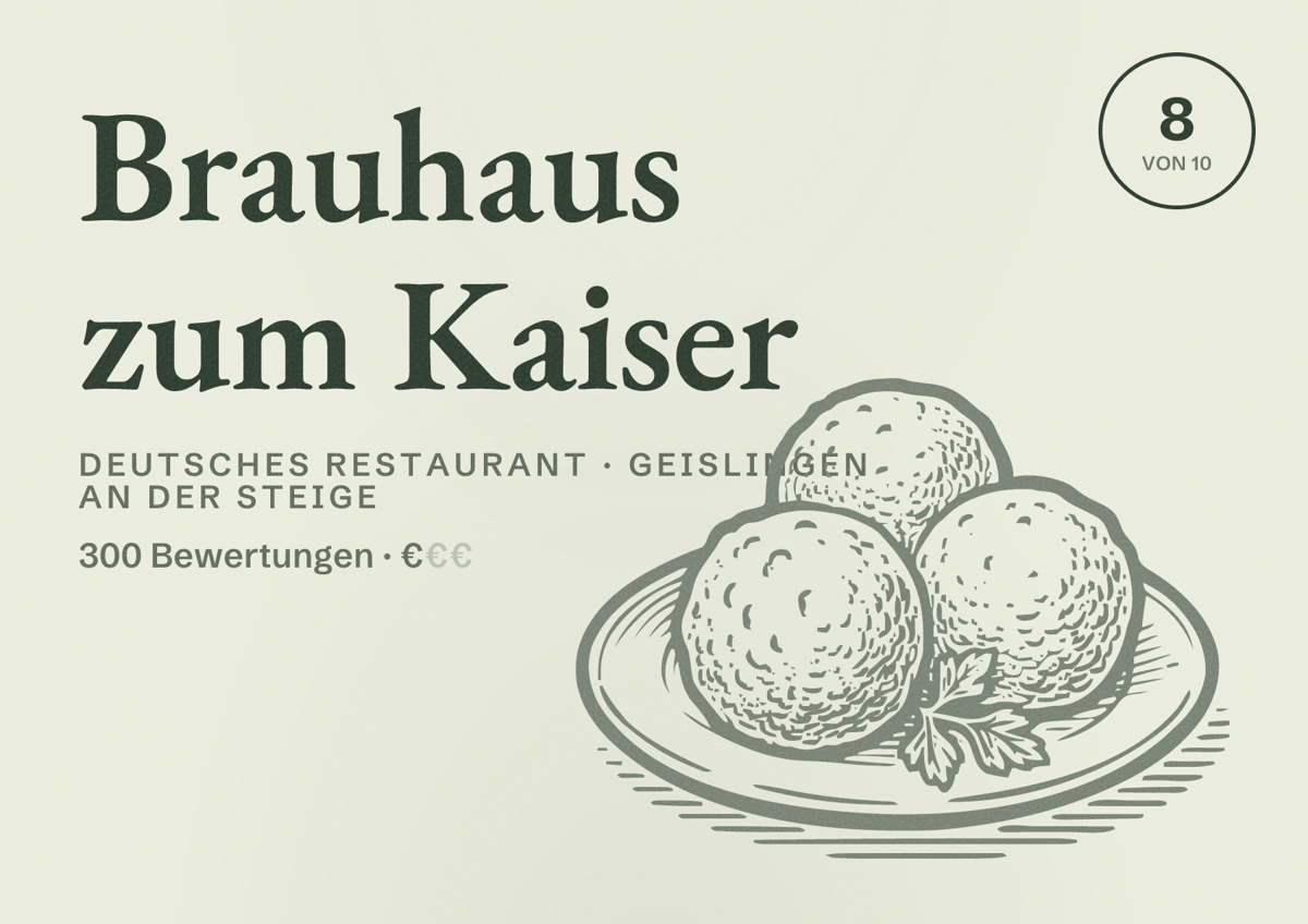 Illustriertes Poster von Brauhaus zum Kaiser, Deutsches Restaurant in Geislingen an der Steige: Bewertung 8 von 10 aus 300 Bewertungen, Preisniveau €