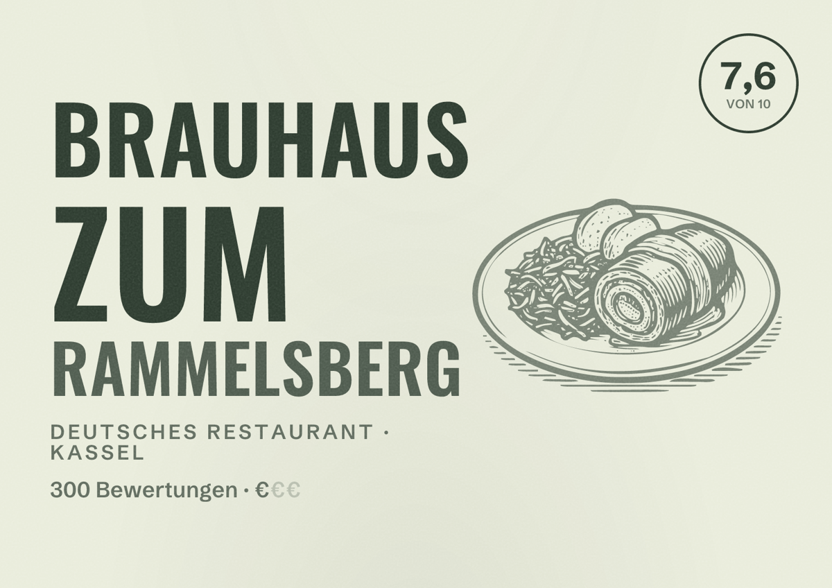 Illustriertes Poster von Brauhaus Zum Rammelsberg, Deutsches Restaurant in Kassel: Bewertung 7,6 von 10 aus 300 Bewertungen, Preisniveau €