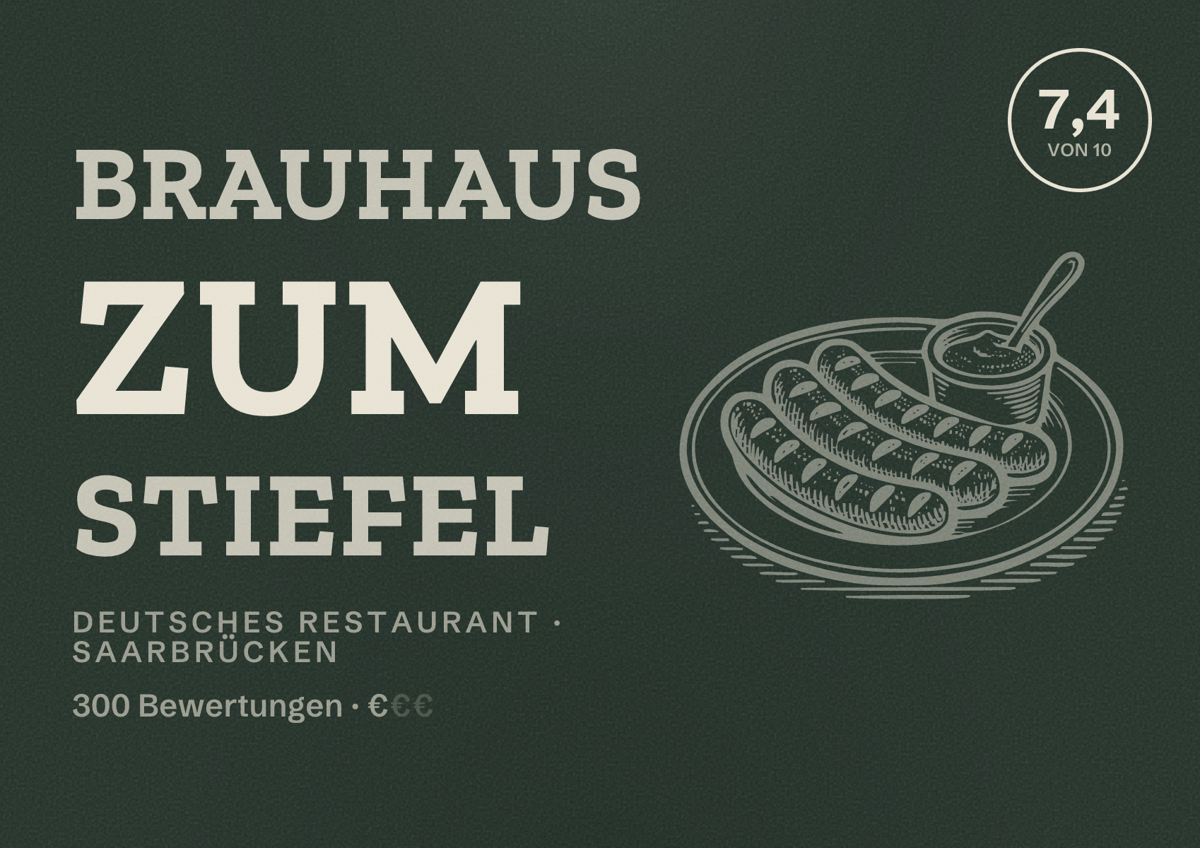 Illustriertes Poster von Brauhaus zum Stiefel, Deutsches Restaurant in Saarbrücken: Bewertung 7,4 von 10 aus 300 Bewertungen, Preisniveau €