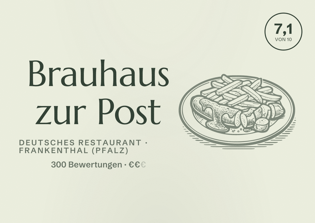 Illustriertes Poster von Brauhaus zur Post, Deutsches Restaurant in Frankenthal (Pfalz): Bewertung 7,1 von 10 aus 300 Bewertungen, Preisniveau €€