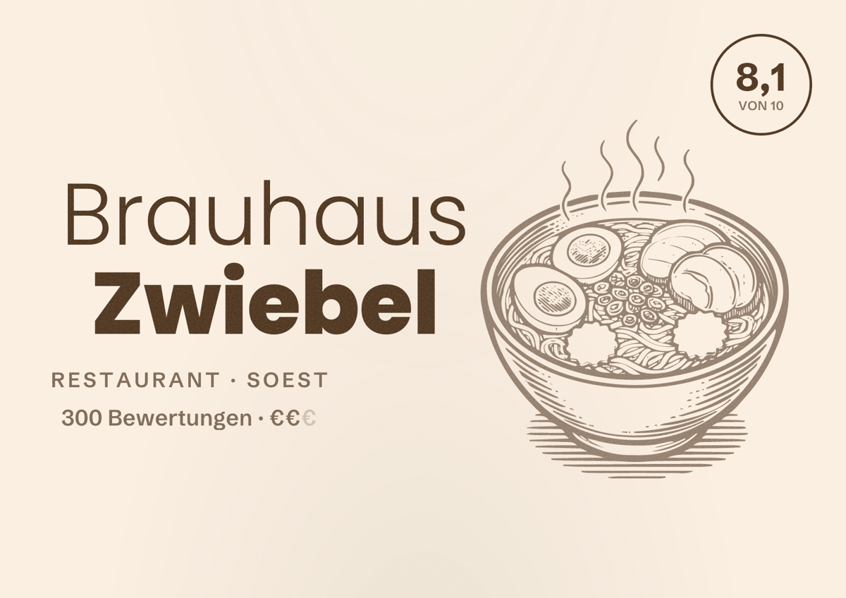 Illustriertes Poster von Brauhaus Zwiebel, Restaurant in Soest: Bewertung 8,1 von 10 aus 300 Bewertungen, Preisniveau €€