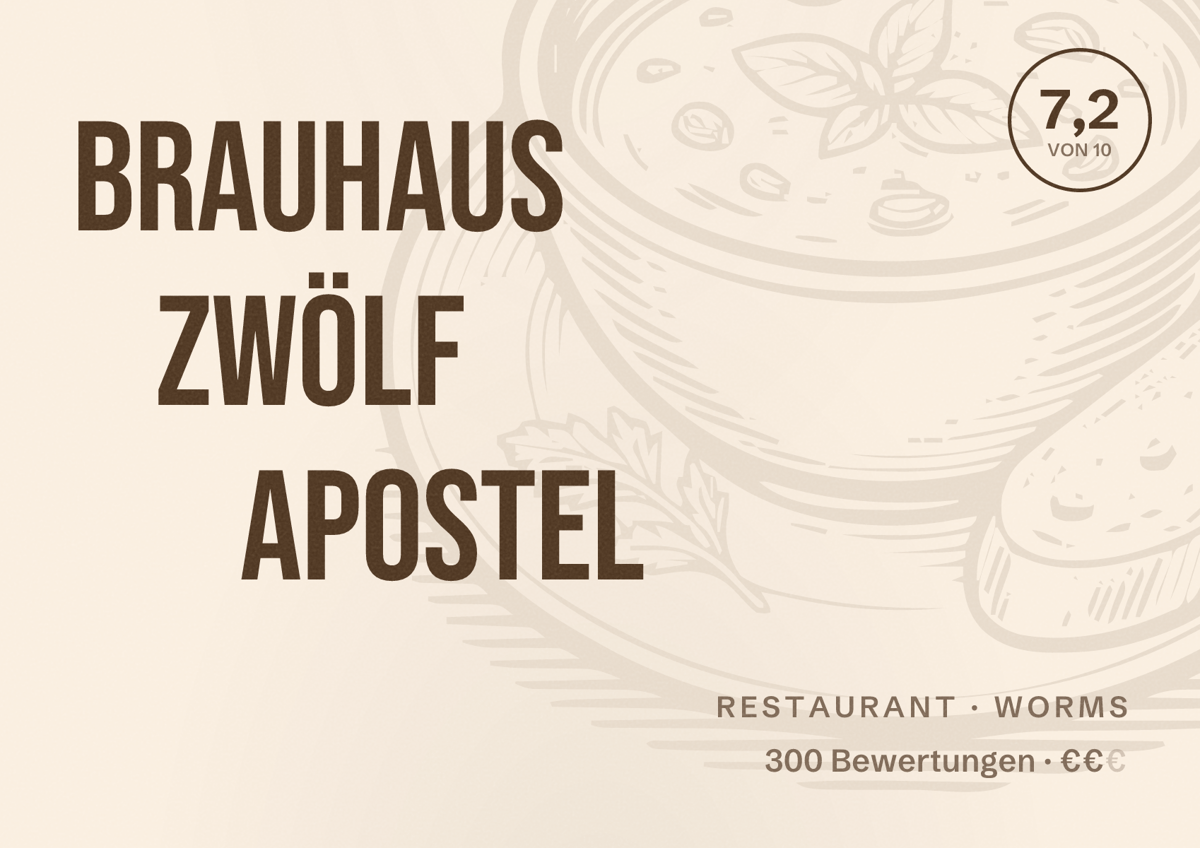 Illustriertes Poster von Brauhaus Zwölf Apostel, Restaurant in Worms: Bewertung 7,2 von 10 aus 300 Bewertungen, Preisniveau €€