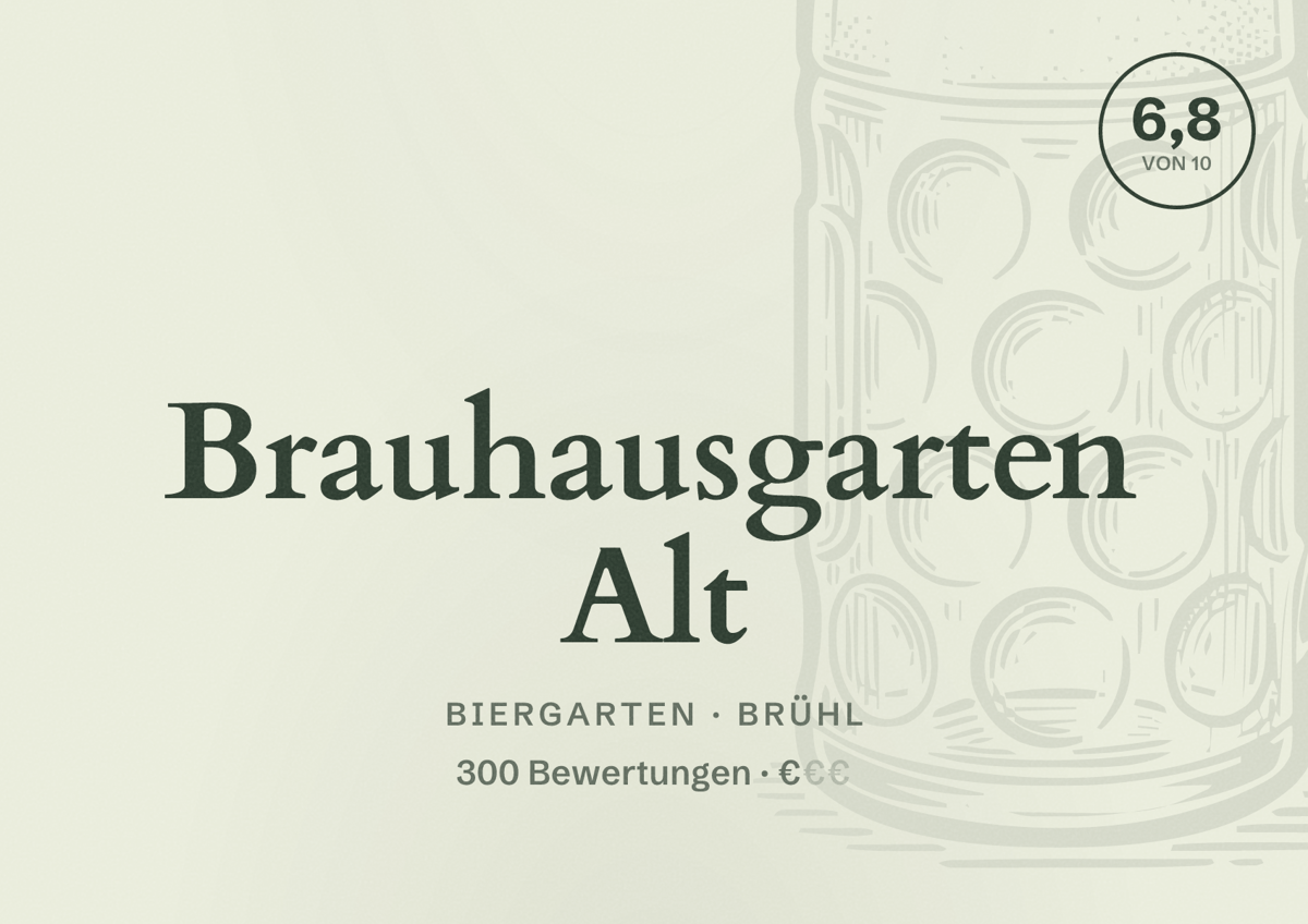 Illustriertes Poster von Brauhausgarten Alt, Biergarten in Brühl: Bewertung 6,8 von 10 aus 300 Bewertungen, Preisniveau €