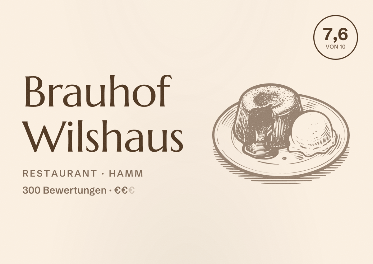 Illustriertes Poster von Brauhof Wilshaus, Restaurant in Hamm: Bewertung 7,6 von 10 aus 300 Bewertungen, Preisniveau €€