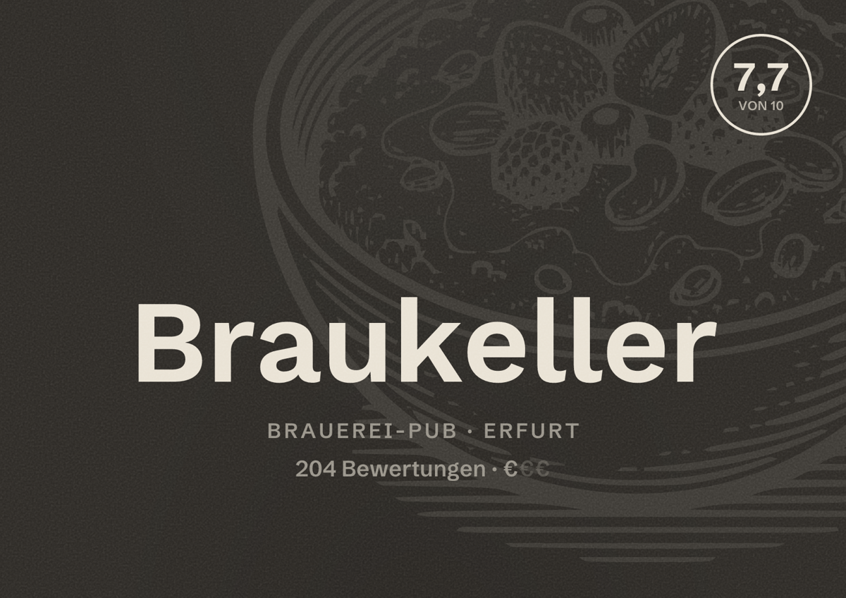 Illustriertes Poster von Braukeller, Brauerei-Pub in Erfurt: Bewertung 7,7 von 10 aus 204 Bewertungen, Preisniveau €