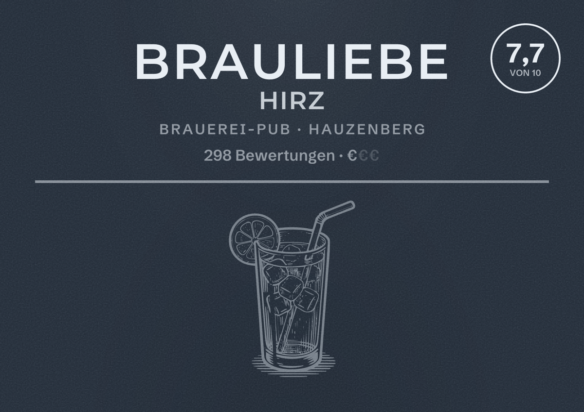 Illustriertes Poster von Brauliebe Hirz, Brauerei-Pub in Hauzenberg: Bewertung 7,7 von 10 aus 298 Bewertungen, Preisniveau €