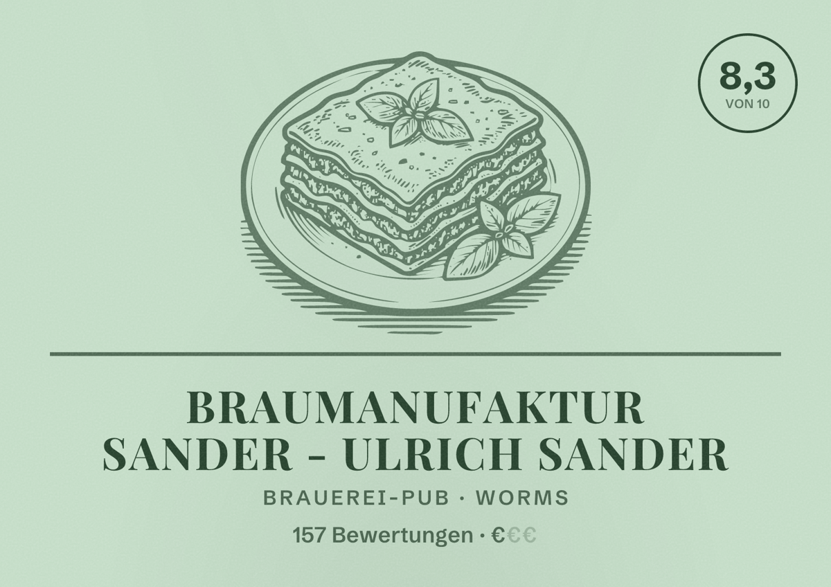 Illustriertes Poster von Braumanufaktur Sander - Ulrich Sander, Brauerei-Pub in Worms: Bewertung 8,3 von 10 aus 157 Bewertungen, Preisniveau €