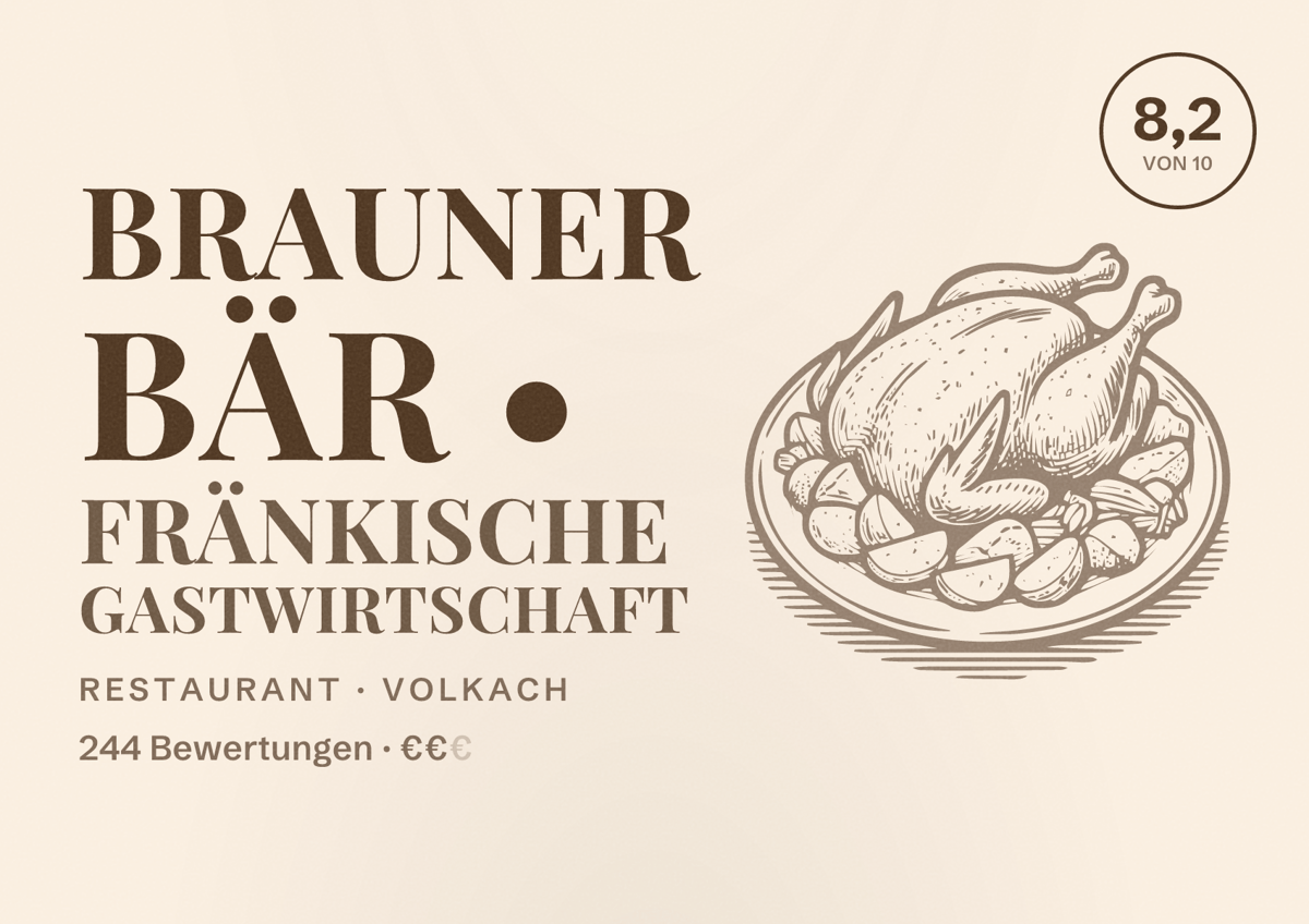 Illustriertes Poster von Brauner Bär • Fränkische Gastwirtschaft, Restaurant in Volkach: Bewertung 8,2 von 10 aus 244 Bewertungen, Preisniveau €€