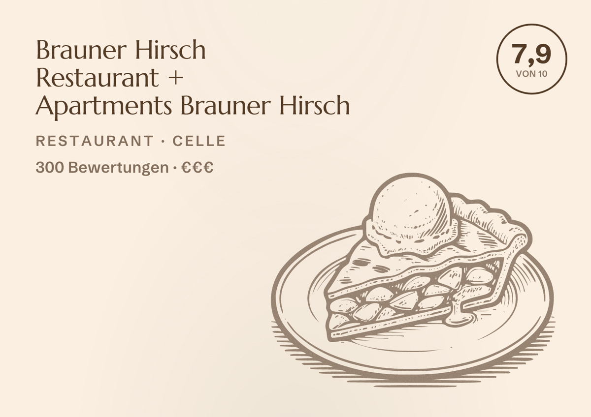 Illustriertes Poster von Brauner Hirsch Restaurant + Apartments Brauner Hirsch, Restaurant in Celle: Bewertung 7,9 von 10 aus 300 Bewertungen, Preisniveau €€€