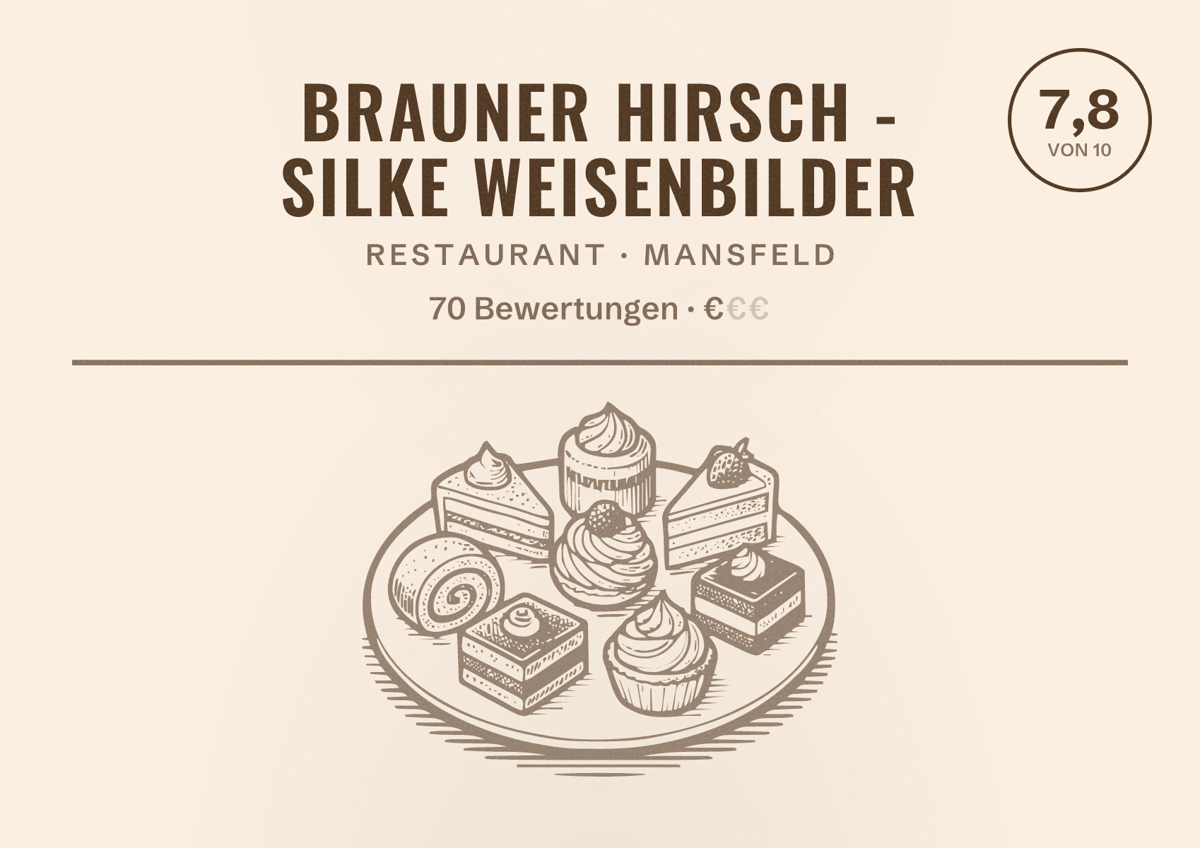 Illustriertes Poster von Brauner Hirsch - Silke Weisenbilder, Restaurant in Mansfeld: Bewertung 7,8 von 10 aus 70 Bewertungen, Preisniveau €