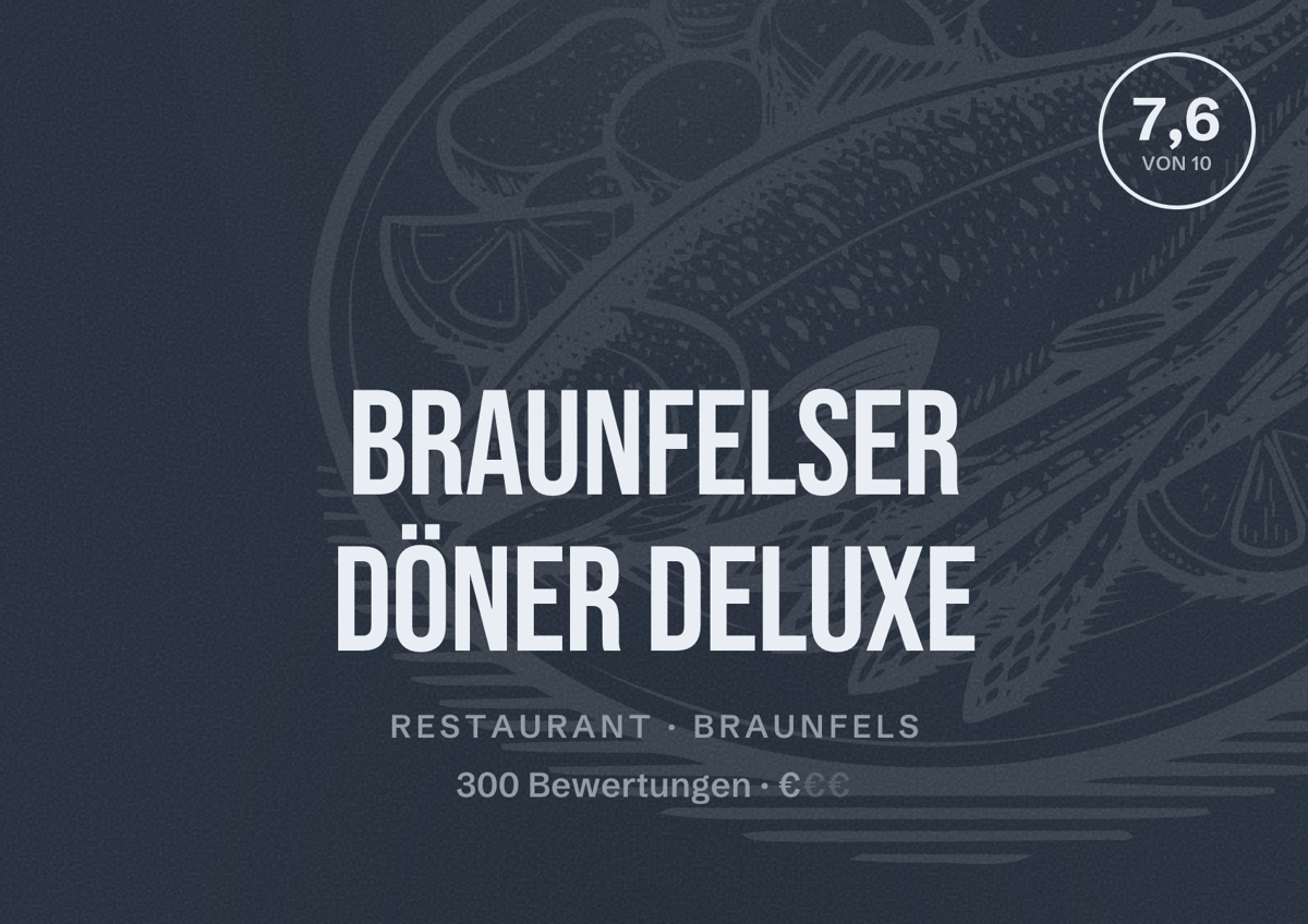 Illustriertes Poster von Braunfelser Döner Deluxe, Restaurant in Braunfels: Bewertung 7,6 von 10 aus 300 Bewertungen, Preisniveau €