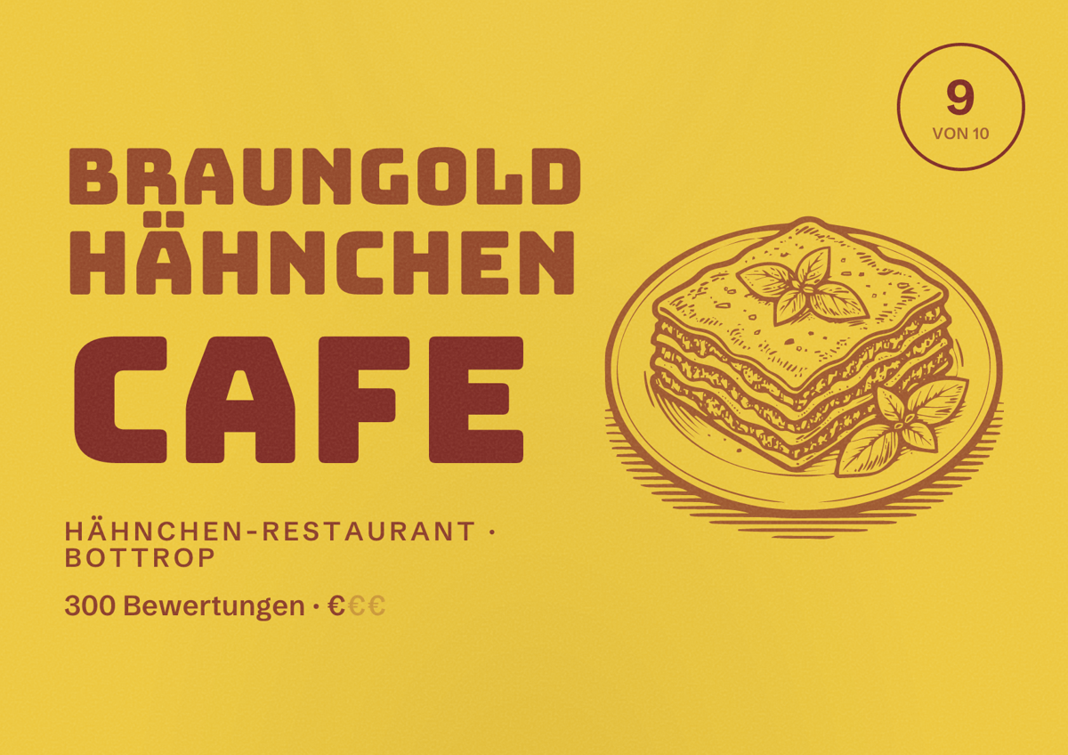 Illustriertes Poster von Braungold Hähnchen Cafe, Hähnchen-Restaurant in Bottrop: Bewertung 9 von 10 aus 300 Bewertungen, Preisniveau €