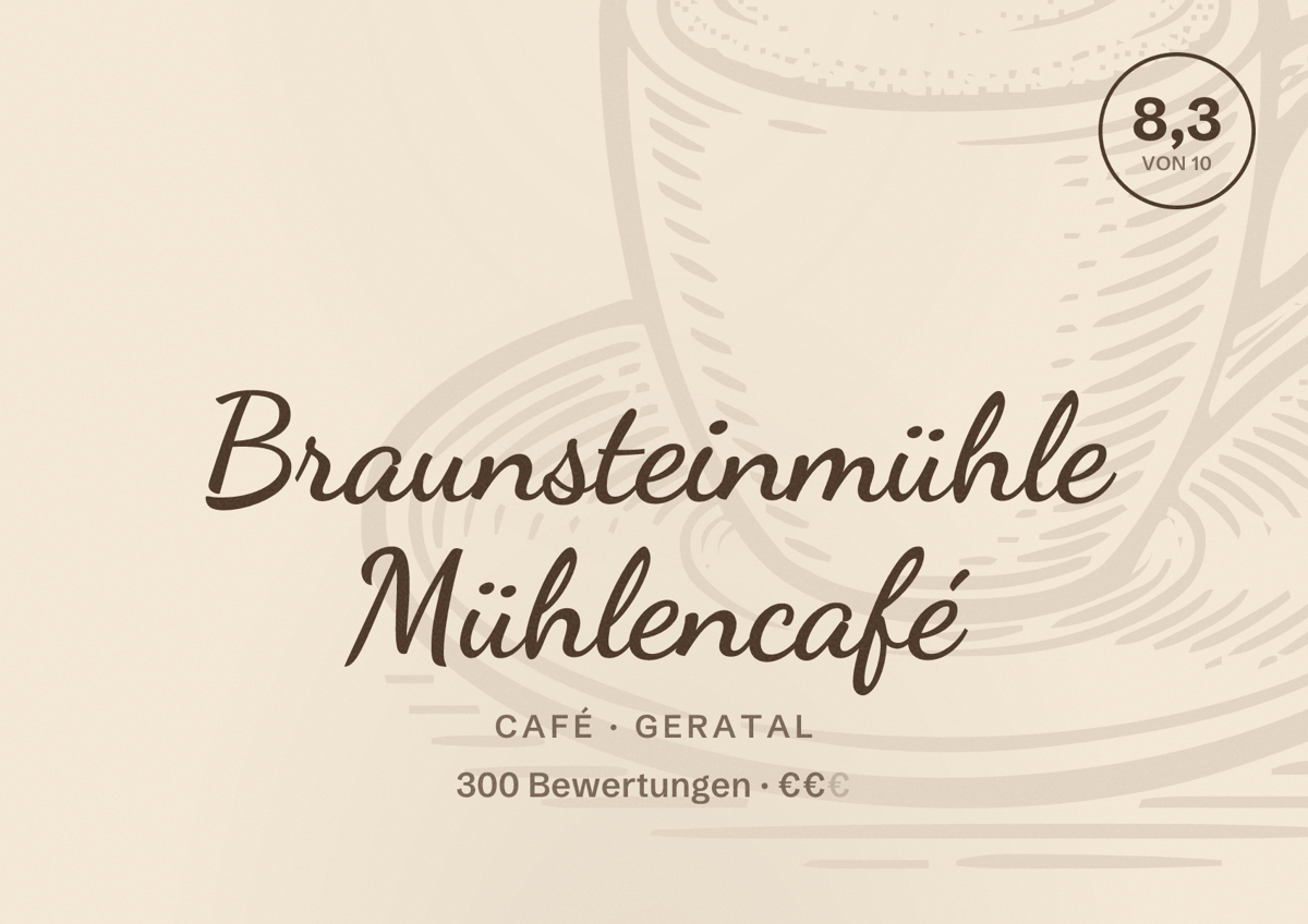Illustriertes Poster von Braunsteinmühle Mühlencafé, Café in Geratal: Bewertung 8,3 von 10 aus 300 Bewertungen, Preisniveau €€