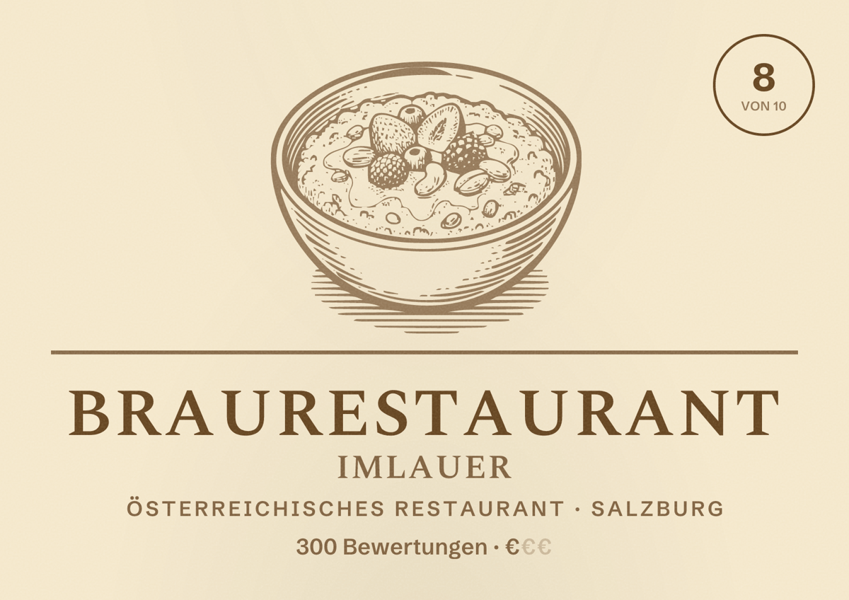 Illustriertes Poster von Braurestaurant IMLAUER, Österreichisches Restaurant in Salzburg: Bewertung 8 von 10 aus 300 Bewertungen, Preisniveau €