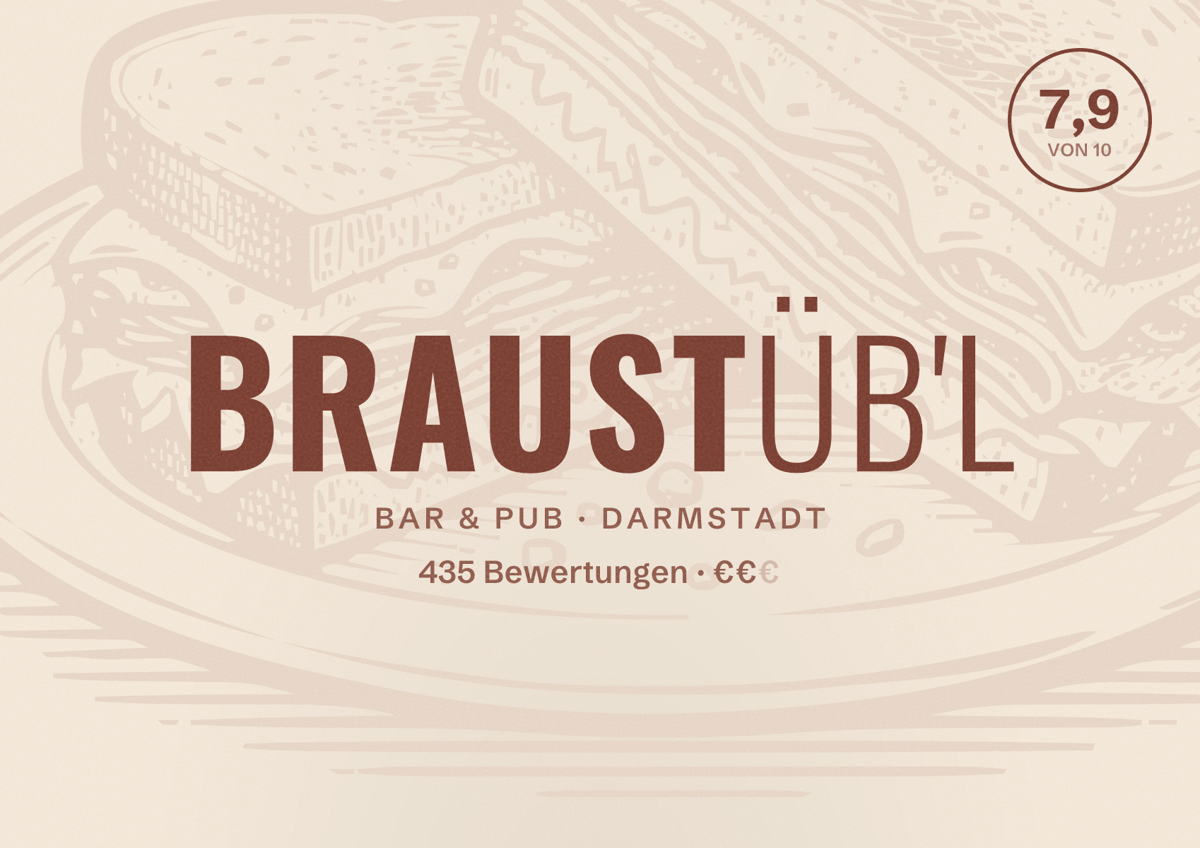 Illustriertes Poster von Braustüb'l, Bar & Pub in Darmstadt: Bewertung 7,9 von 10 aus 435 Bewertungen, Preisniveau €€