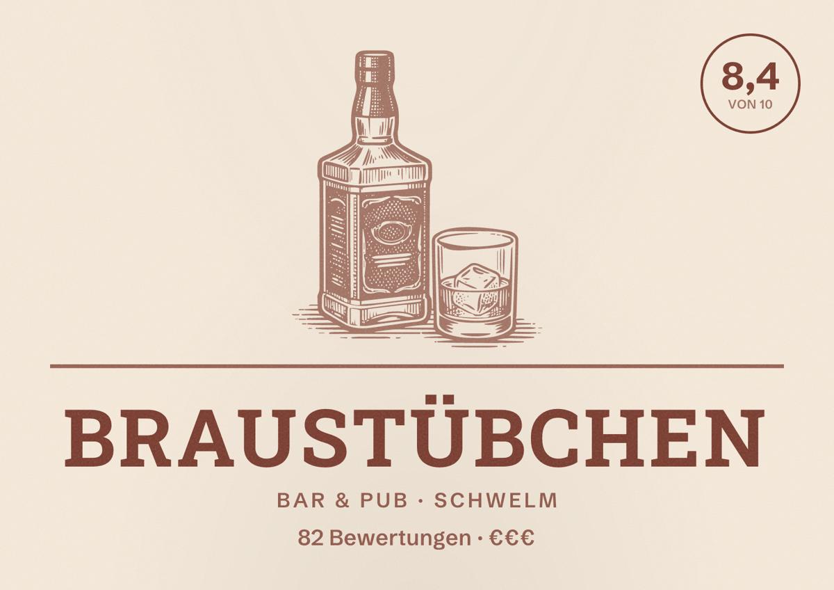 Illustriertes Poster von Braustübchen, Bar & Pub in Schwelm: Bewertung 8,4 von 10 aus 82 Bewertungen, Preisniveau €€€