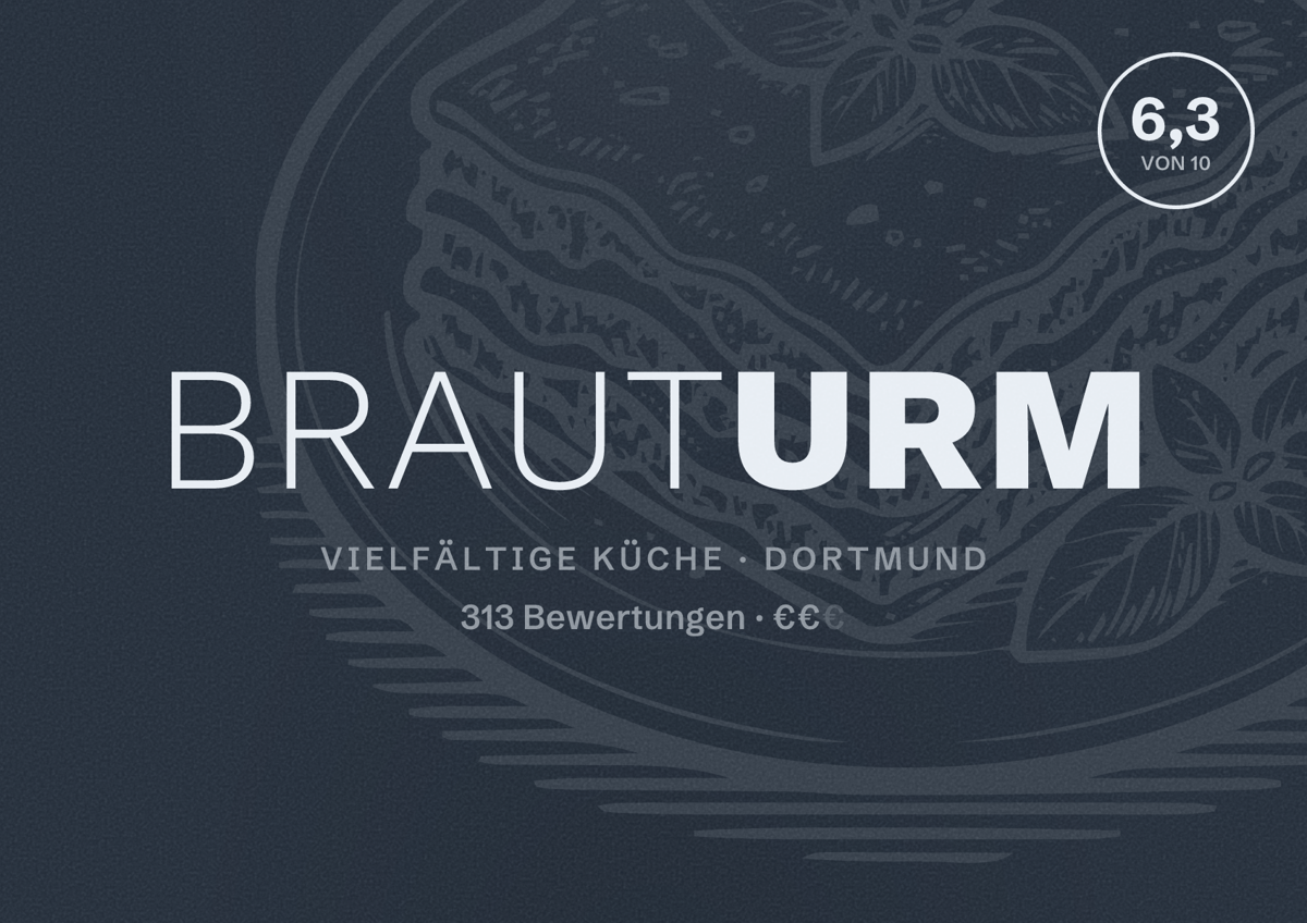 Illustriertes Poster von BRAUTURM, Vielfältige Küche in Dortmund: Bewertung 6,3 von 10 aus 313 Bewertungen, Preisniveau €€
