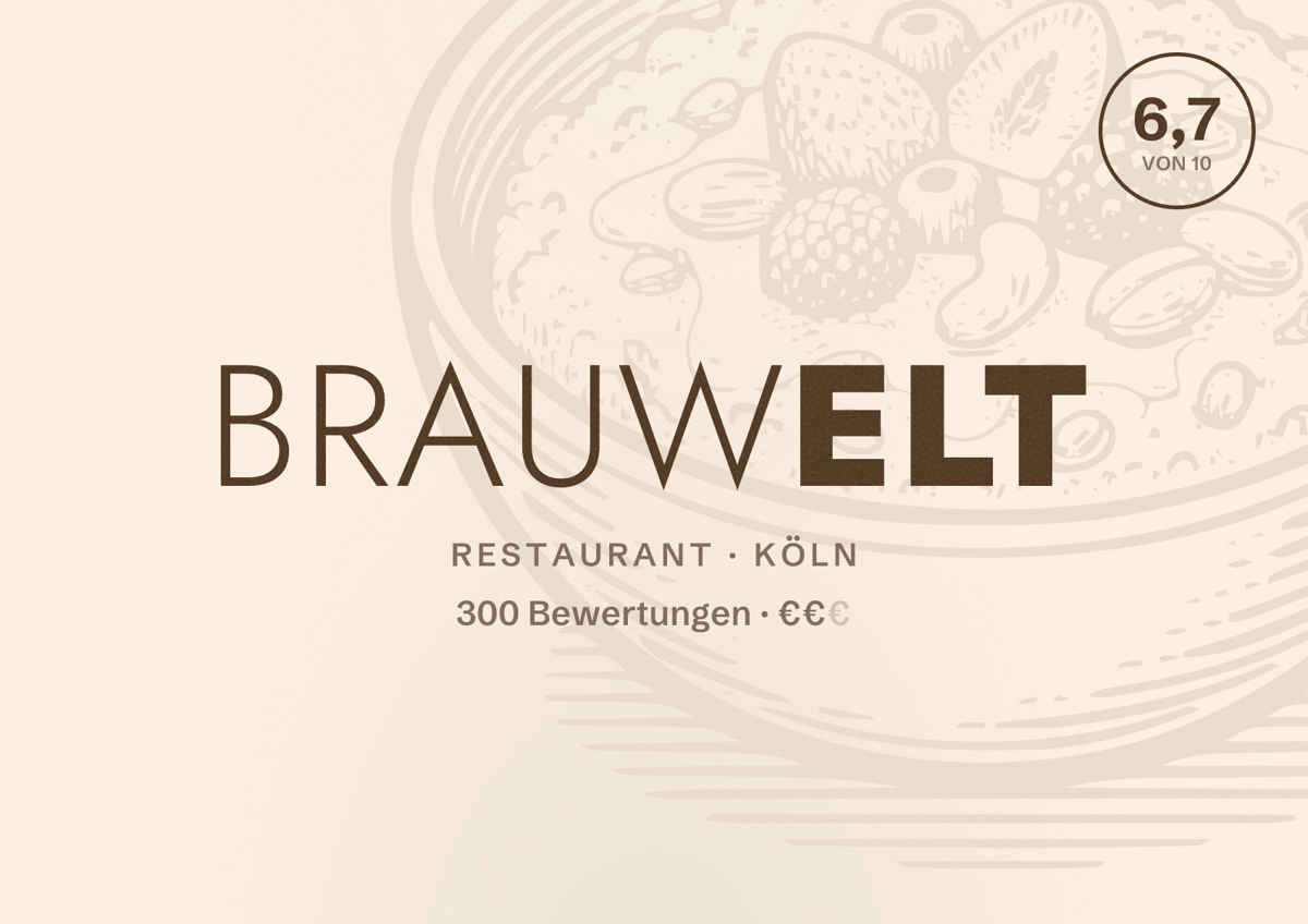 Illustriertes Poster von BRAUWELT, Restaurant in Köln: Bewertung 6,7 von 10 aus 300 Bewertungen, Preisniveau €€