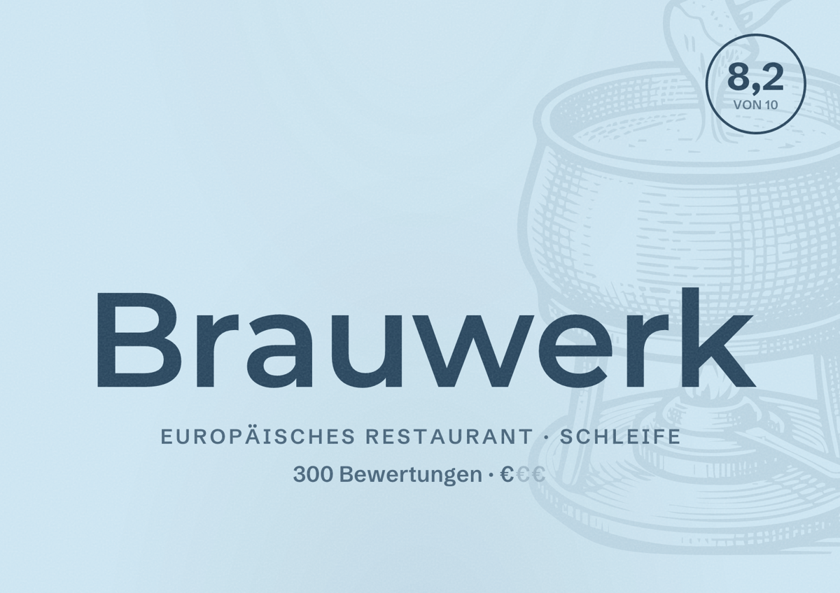 Illustriertes Poster von Brauwerk, Europäisches Restaurant in Schleife: Bewertung 8,2 von 10 aus 300 Bewertungen, Preisniveau €