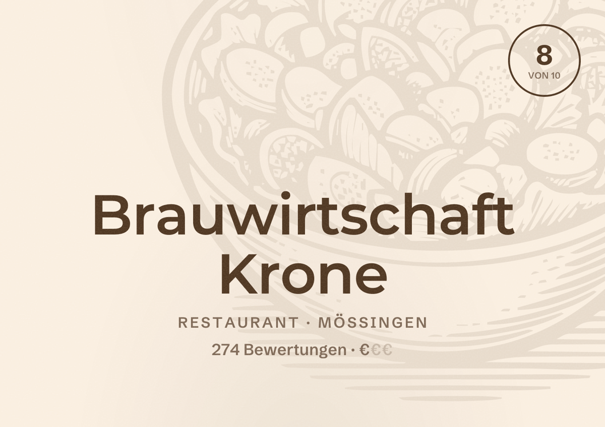 Illustriertes Poster von Brauwirtschaft Krone, Restaurant in Mössingen: Bewertung 8 von 10 aus 274 Bewertungen, Preisniveau €