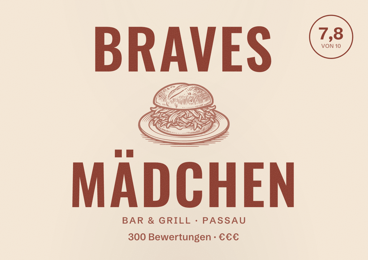 Illustriertes Poster von Braves Mädchen, Bar & Grill in Passau: Bewertung 7,8 von 10 aus 300 Bewertungen, Preisniveau €€€