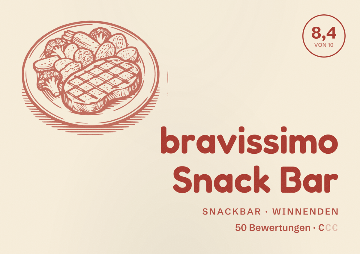 Illustriertes Poster von bravissimo Snack Bar, Snackbar in Winnenden: Bewertung 8,4 von 10 aus 50 Bewertungen, Preisniveau €