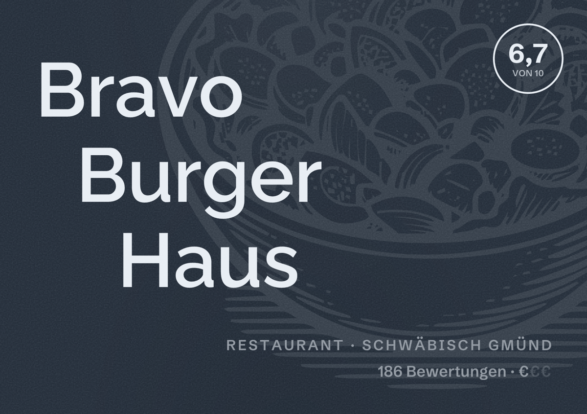 Illustriertes Poster von Bravo Burger Haus, Restaurant in Schwäbisch Gmünd: Bewertung 6,7 von 10 aus 186 Bewertungen, Preisniveau €