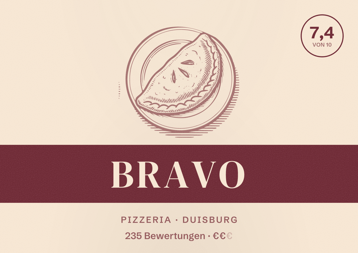 Illustriertes Poster von Bravo, Pizzeria in Duisburg: Bewertung 7,4 von 10 aus 235 Bewertungen, Preisniveau €€