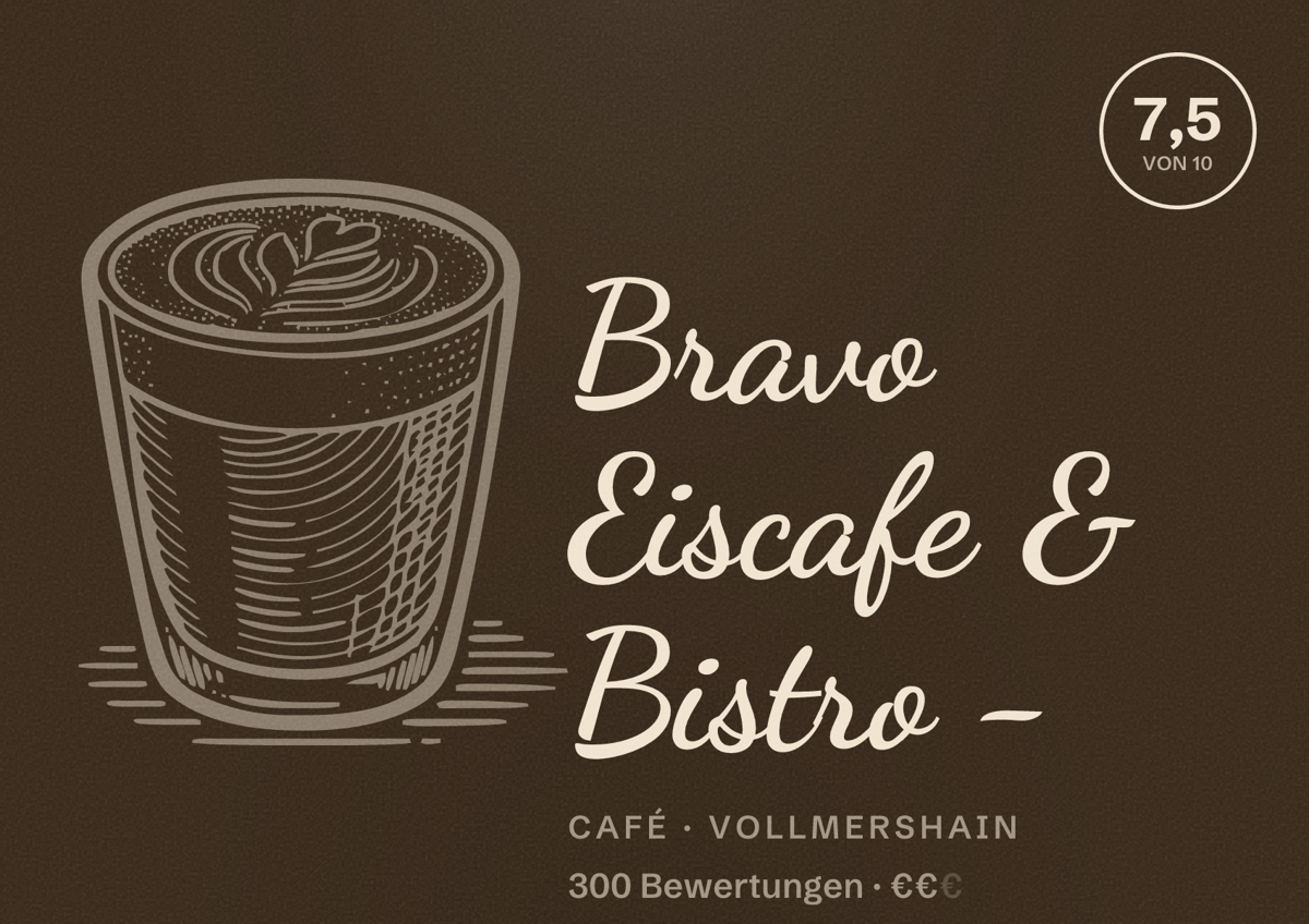 Illustriertes Poster von Bravo Eiscafe & Bistro -, Café in Vollmershain: Bewertung 7,5 von 10 aus 300 Bewertungen, Preisniveau €€