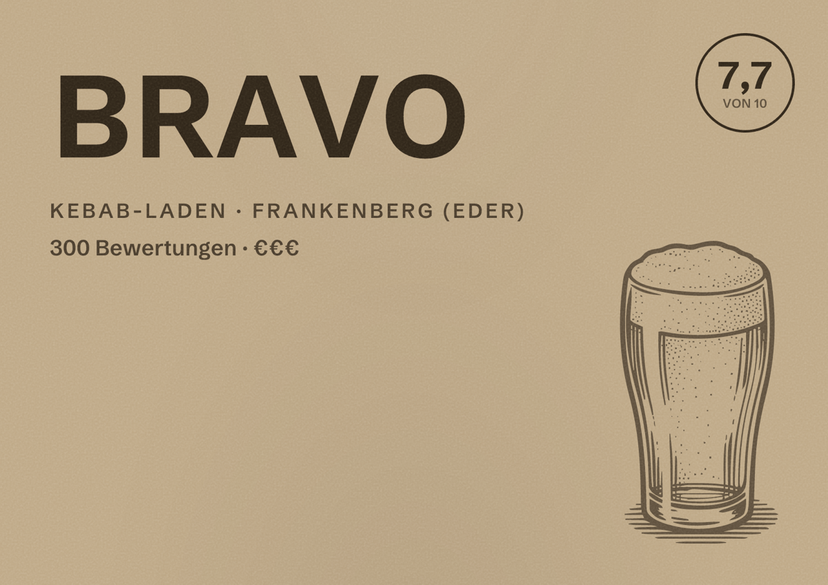 Illustriertes Poster von BRAVO, Kebab-Laden in Frankenberg (Eder): Bewertung 7,7 von 10 aus 300 Bewertungen, Preisniveau €€€