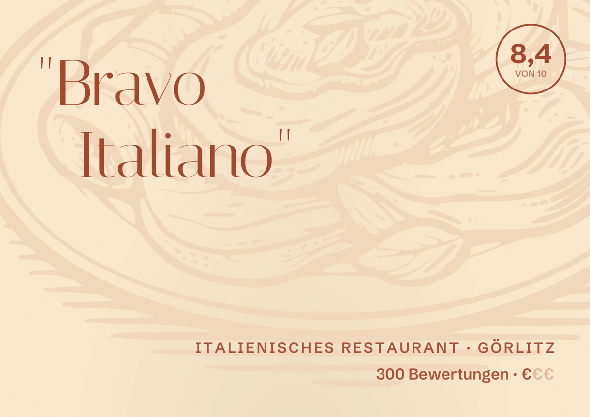 Illustriertes Poster von "Bravo Italiano", Italienisches Restaurant in Görlitz: Bewertung 8,4 von 10 aus 300 Bewertungen, Preisniveau €