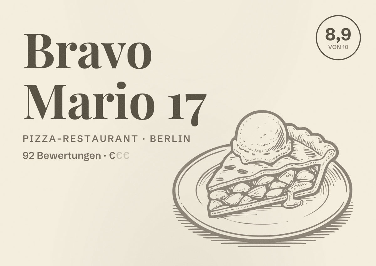 Illustriertes Poster von Bravo Mario 17, Pizza-Restaurant in Berlin: Bewertung 8,9 von 10 aus 92 Bewertungen, Preisniveau €