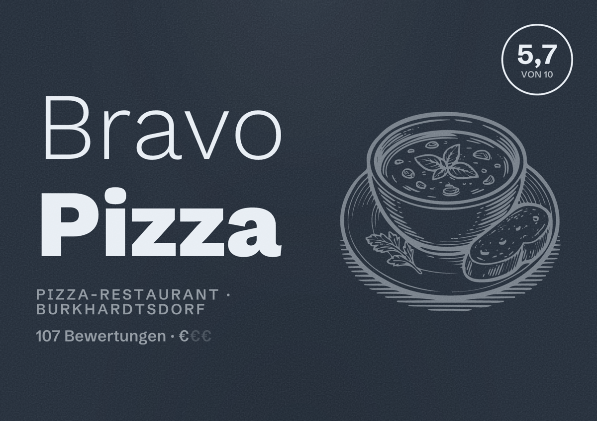 Illustriertes Poster von Bravo Pizza, Pizza-Restaurant in Burkhardtsdorf: Bewertung 5,7 von 10 aus 107 Bewertungen, Preisniveau €