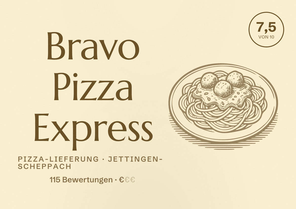Illustriertes Poster von Bravo Pizza Express, Pizza-Lieferung in Jettingen-Scheppach: Bewertung 7,5 von 10 aus 115 Bewertungen, Preisniveau €