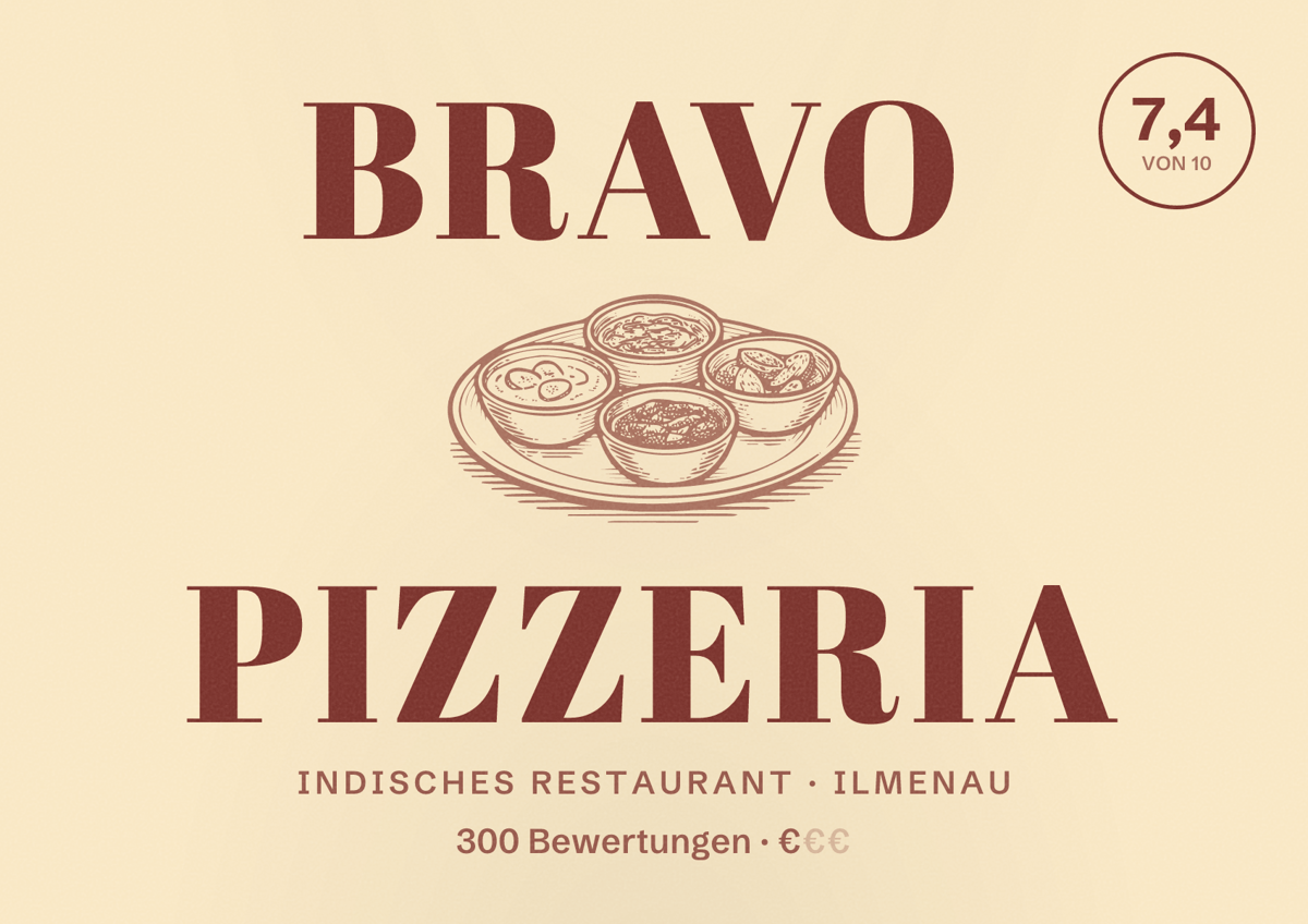 Illustriertes Poster von Bravo Pizzeria, Indisches Restaurant in Ilmenau: Bewertung 7,4 von 10 aus 300 Bewertungen, Preisniveau €