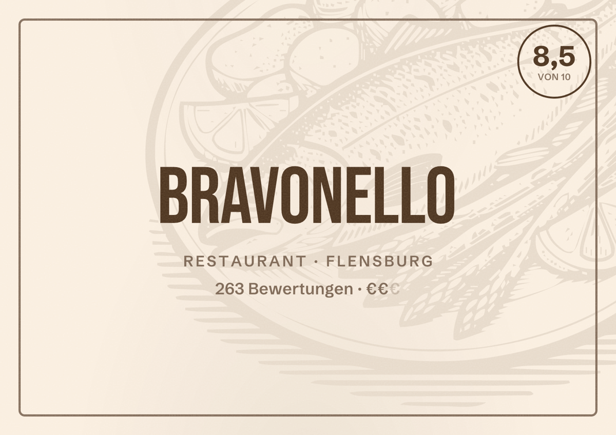 Illustriertes Poster von Bravonello, Restaurant in Flensburg: Bewertung 8,5 von 10 aus 263 Bewertungen, Preisniveau €€